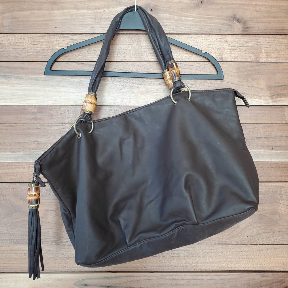 Coldwater Creek Faux Leather Beaded Shoulder Bag Tote Zipper Brown Gorpcore